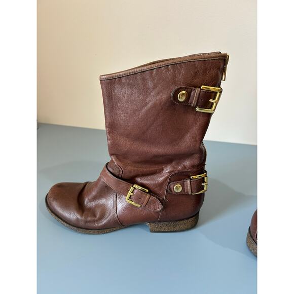 Steve Madden Engage leather moto style boots size 8.5 distressed brown buckles - Picture 5 of 8